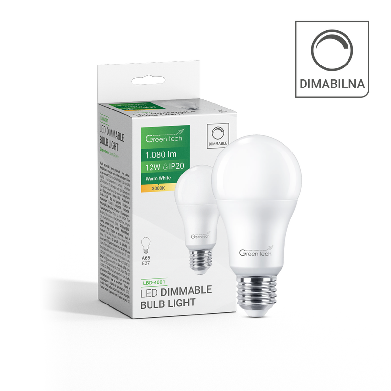 GREEN TECH LED dimabilna žarulja Green Tech, 12W, 3000K, E27, A65, Flux:1140 lm, IP20 - LBD-4001
