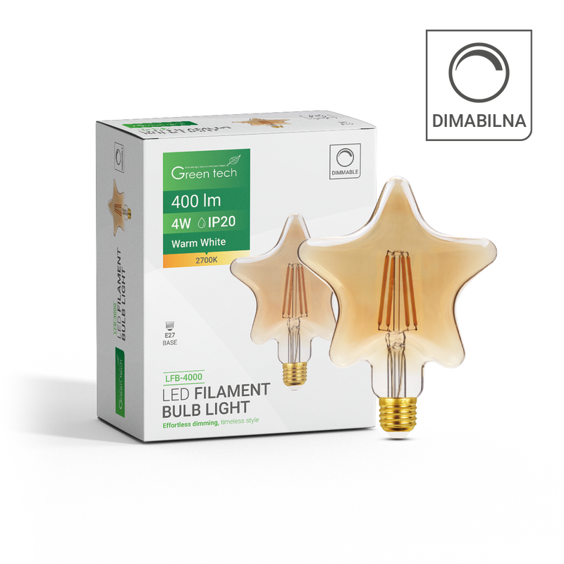 GREEN TECH LED filament žarulja Green Tech 4W, 2700K, E27, AC220V, amber, dimabilna - LFB-4000