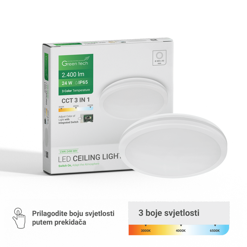 GREEN TECH LED plafonjera Green Tech 24W, 3CCT, 30 cm, IP65, bijela - CWK-24W-WH