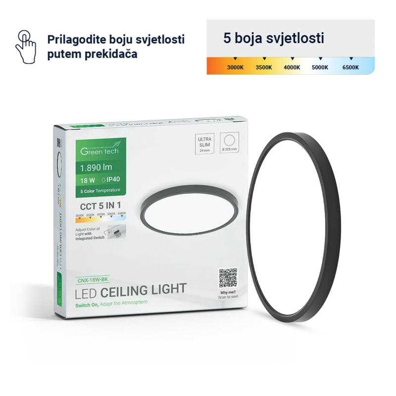 GREEN TECH LED plafonjera Green Tech 18W, 5 CCT 3000K-3500K-4000K-5000K-6500K, fi22 cm - CNX-18W-BK