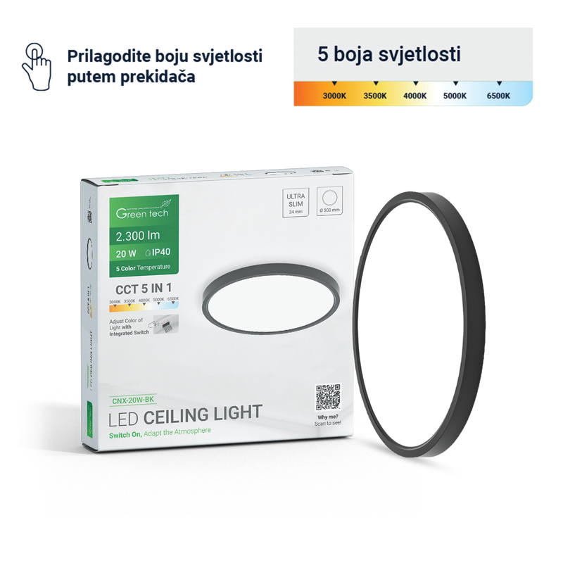 GREEN TECH LED plafonjera Green Tech 20W, 5 CCT 3000K-3500K-4000K-5000K-6500K, fi30 cm - CNX-20W-BK
