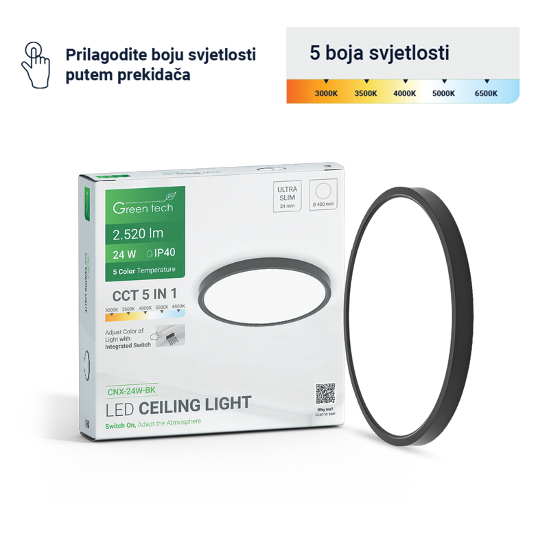 GREEN TECH LED plafonjera Green Tech 24W, 5 CCT 3000K-3500K-4000K-5000K-6500K, fi40 cm - CNX-24W-BK