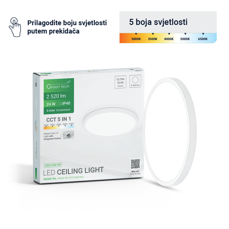 GREEN TECH LED plafonjera Green Tech 24W, 5 CCT 3000K-3500K-4000K-5000K-6500K, fi40 cm - CNX-24W-WH