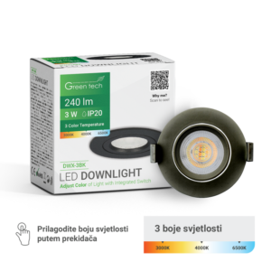 GREEN TECH LED downlight Green Tech 240 lm, 3W, 3CCT, 3000K-4000-6500K, crni - DWX-3BK