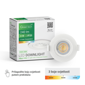 GREEN TECH LED downlight Green Tech 240 lm, 3W, 3CCT, 3000K-4000-6500K, bijeli - DWX-3WH