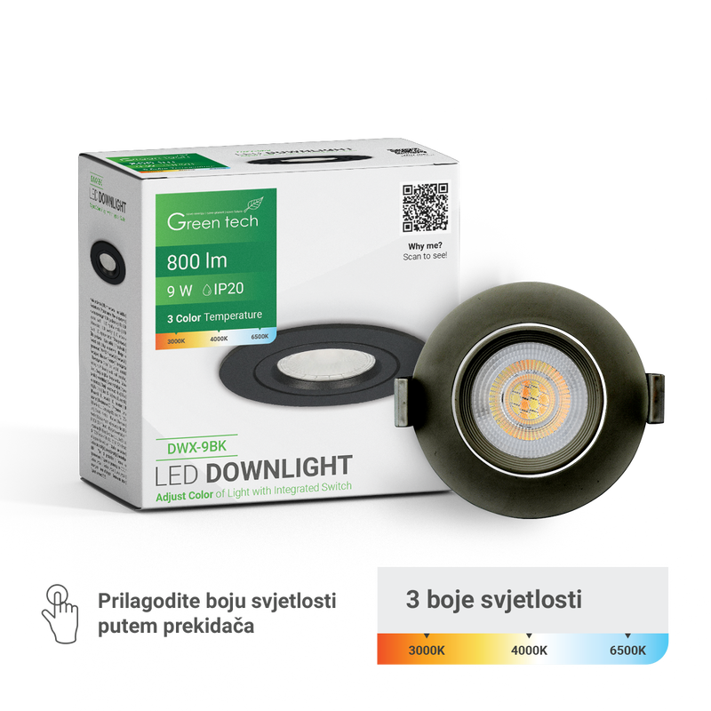 GREEN TECH LED downlight Green Tech 800 lm, 9W, 3CCT, 3000K-4000-6500K, crni - DWX-9BK