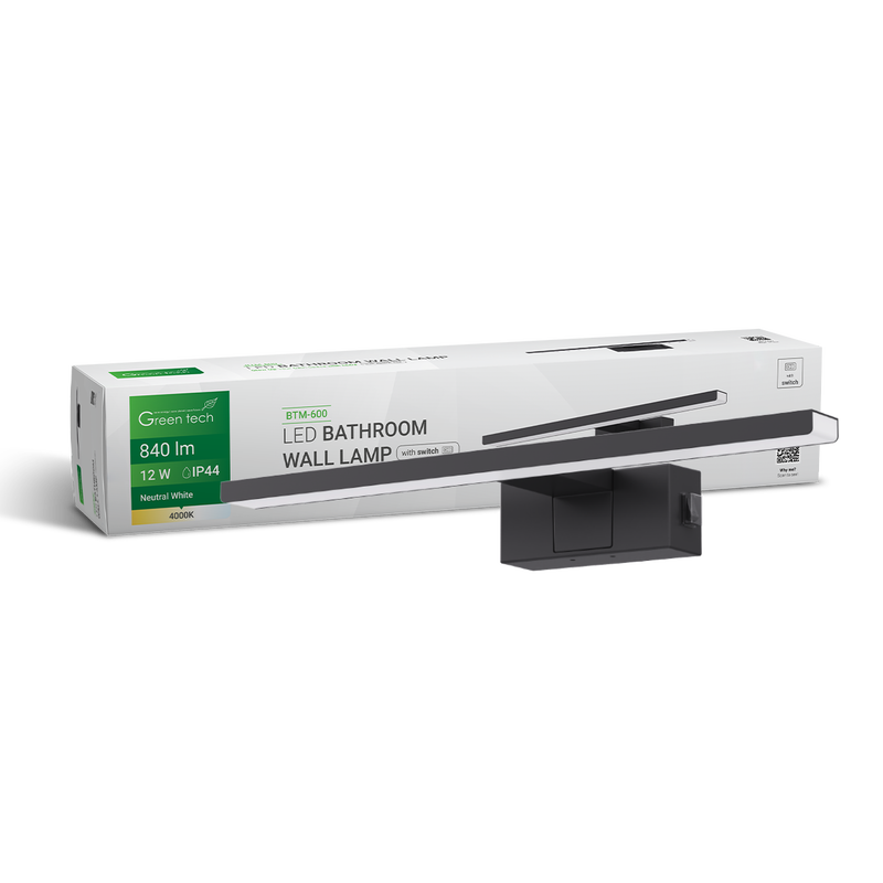 GREEN TECH LED kupaonska zidna lampa, Green Tech, crna, 840 lm, 12W, 4000 K, IP44, 60 cm - BTM-600