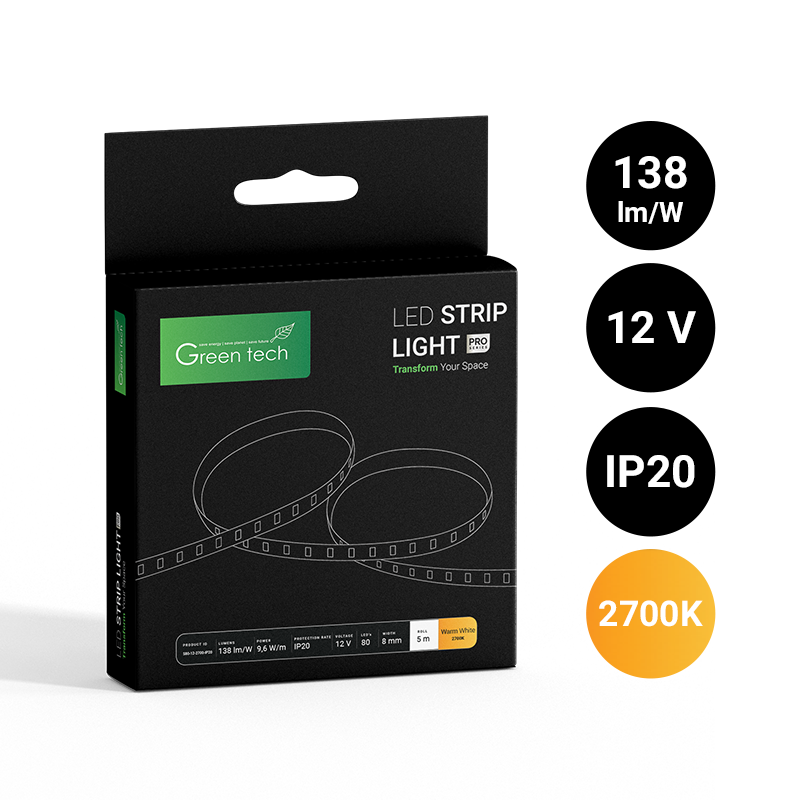 GREEN TECH LED traka Green Tech 80 LED, 8 mm, 9.6 W/m, 2700K, DC 12V, IP20, 5m/kom - S80122700IP20