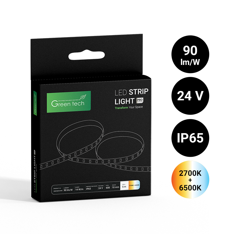 GREEN TECH LED traka Green Tech COBCTA 608 LED, 10 mm, 14 W/m, 2700K+6500K, DC 24V, IP65 - COBCTA60824IP65