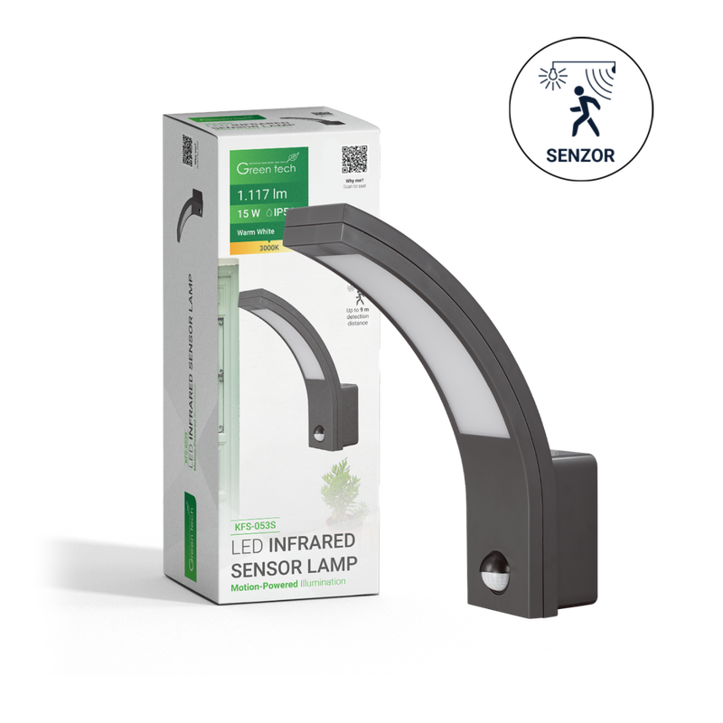 GREEN TECH LED zidna svjetiljka sa senzorom Green Tech 15W, 3000K, crna boja - KFS-053S