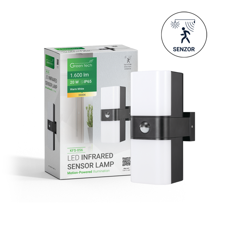 GREEN TECH LED zidna svjetiljka sa senzorom Green Tech 20W, 3000K, crna boja - KFS-056