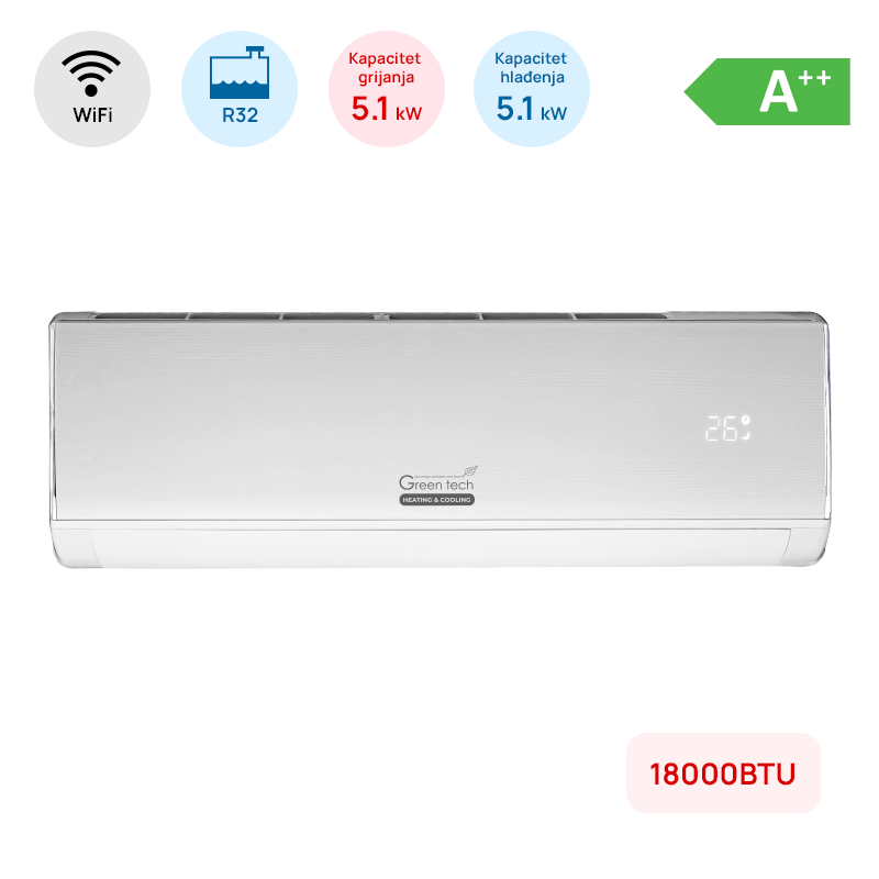 GREEN TECH Klima Green Tech 18000BTU, 5.1kW, A++, R32, -20°C ~ 53°C, WiFi, bijela - 18-IN51-WIFI