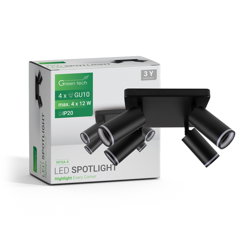 GREEN TECH LED spot svjetiljka Green Tech, GU10 X 4 kom, crna boja - NYXA-4