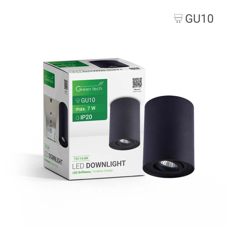 GREEN TECH Nadgradna svjetiljka Green Tech, crna boja, grlo GU10 - TS116-BK