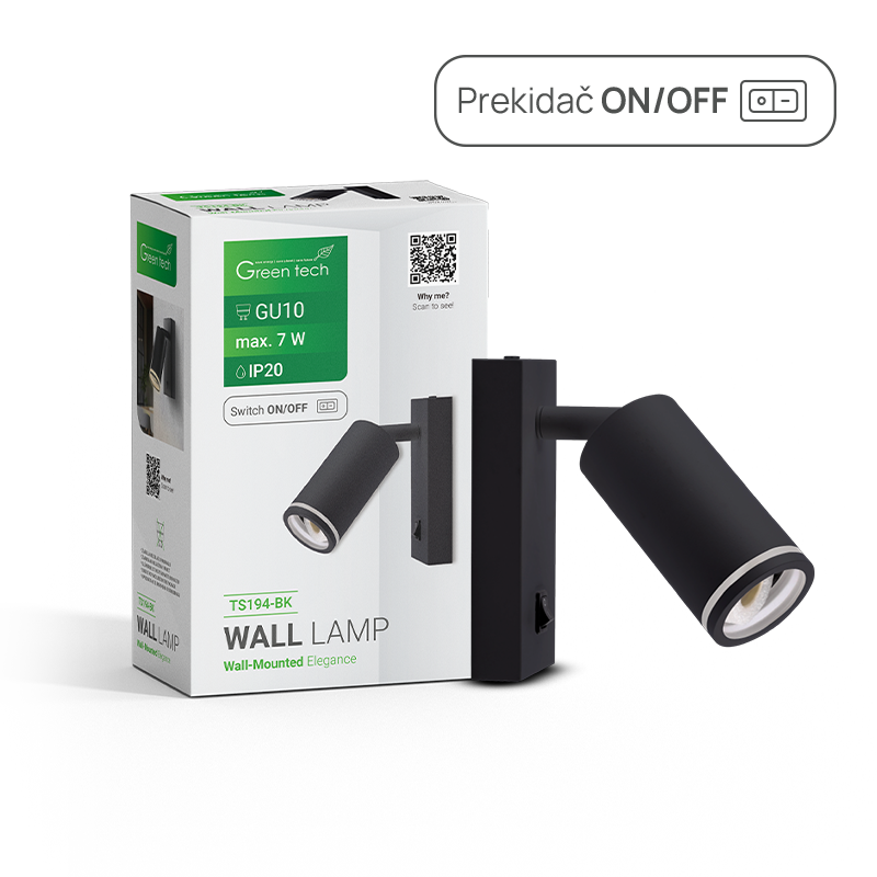 GREEN TECH Zidna svjetiljka Green Tech, grlo GU10, IP20, crna boja - TS194-BK