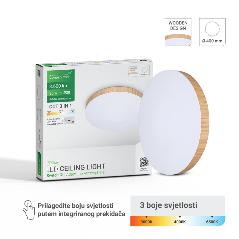 GREEN TECH LED plafonjera Green Tech 36W, 3CCT, 40 cm, drveni okvir - CLE-36W