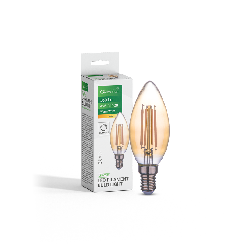 GREEN TECH LED filament žarulja Green Tech 4W, 2700K, E14, AC220V, C35, amber, dimabilna - LFB-5201