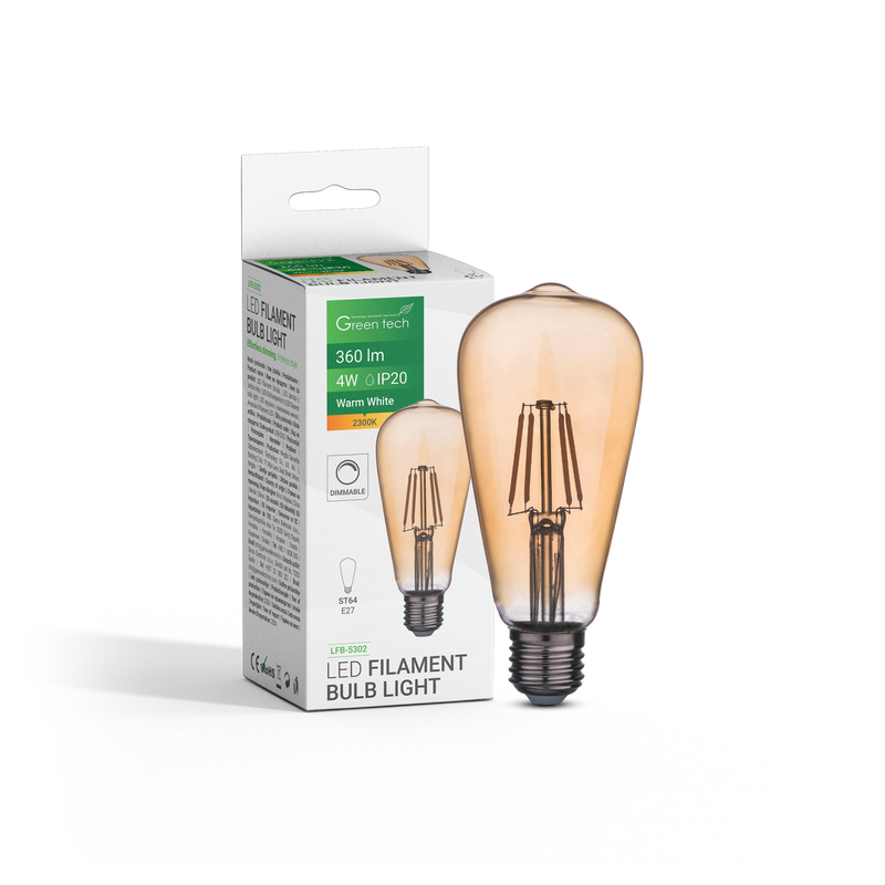 GREEN TECH LED filament žarulja Green Tech 4W, 2300K, E27, AC220V, ST64, amber, dimabilna - LFB-5302