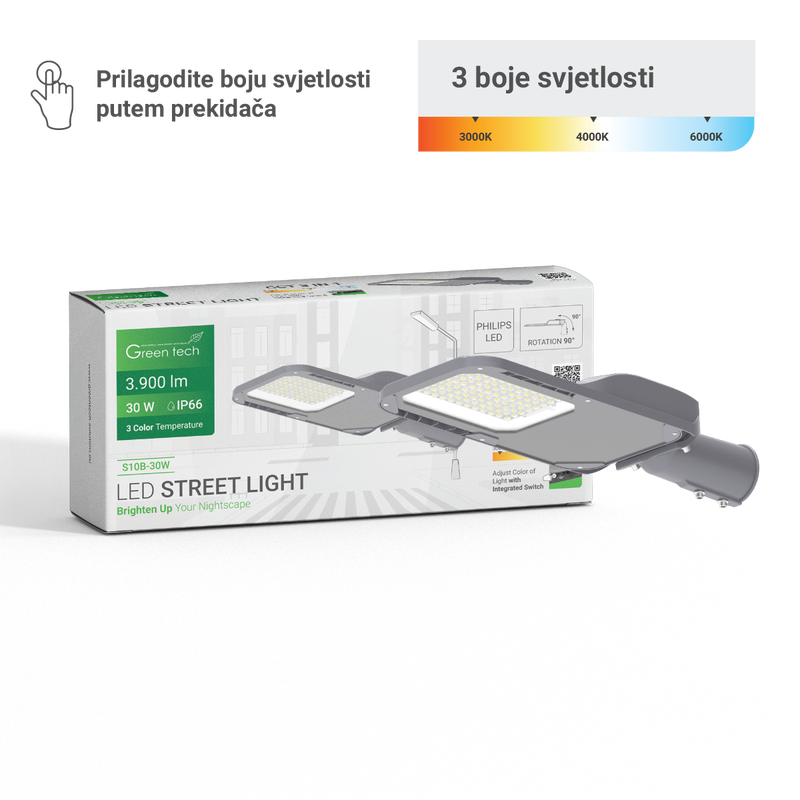 GREEN TECH LED ulična svjet. Green Tech 30W, 3900lm, Philips LED, 3 CCT 3000K-4000K-6000K - S10B-30W