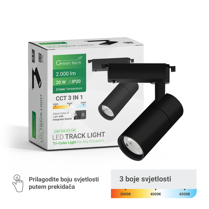 GREEN TECH LED šinska svjetiljka Green Tech 20W, 3 CCT, crna boja - L068-20W-3CCT-BK