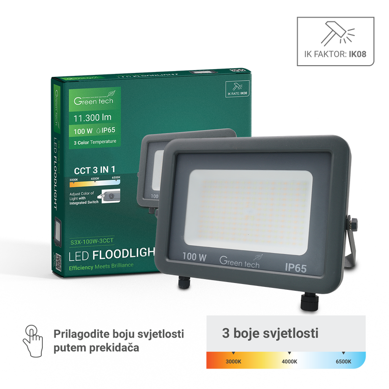 GREEN TECH LED reflektor Green Tech 100W, 3CCT, IP65, aluminij - S3X-100W-3CCT