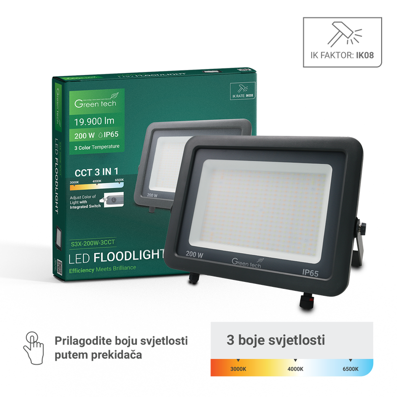 GREEN TECH LED reflektor Green Tech, 200W, 3CCT, IP65, aluminij - S3X-200W-3CCT