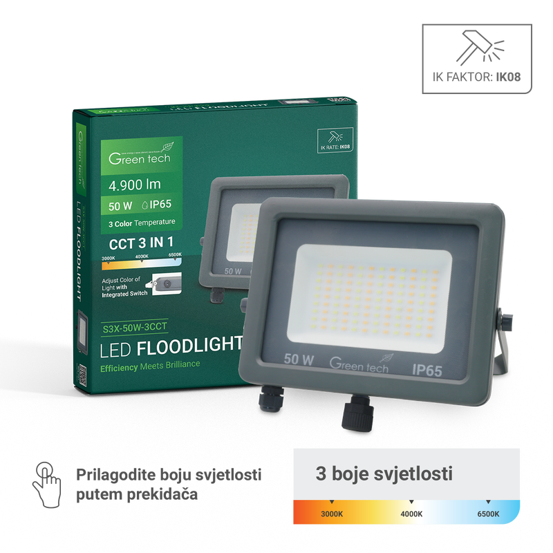 GREEN TECH LED reflektor Green Tech 50W, 3CCT, IP65, aluminij - S3X-50W-3CCT