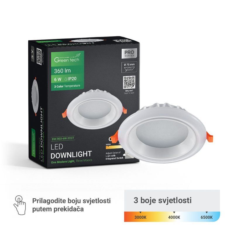 GREEN TECH LED downlight Green Tech 6W, 3 CCT, okrugli - DW-R03-6W-3CCT