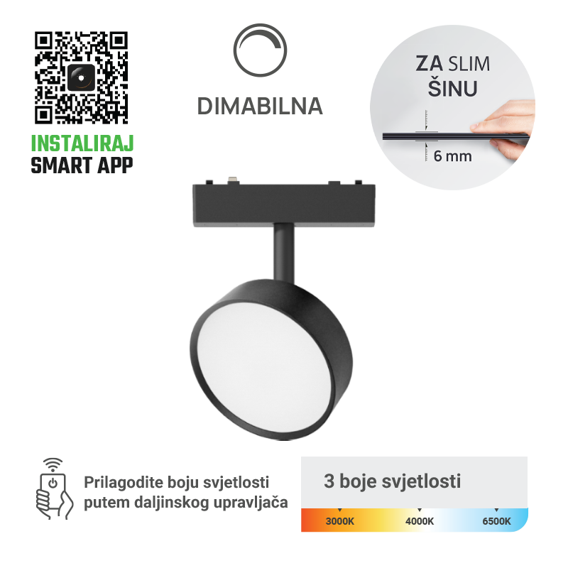GREEN TECH LED magnetna svjetiljka Green Tech, 9W, 3CCT, LED Osram, Dim./ Smart Lamp APP - MG11-9W-3CCT