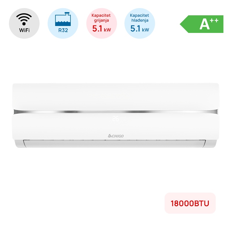 Chigo Multi split Chigo unutarnja zidna jedinica 18000BTU, 5.1kW, WiFi - CS-18V3G1B172AW3