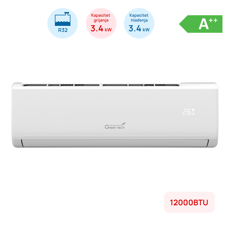 GREEN TECH Klima Green Tech 12000BTU, 3.4kW, A++, R32, -22°C ~ 53°C, s grijačem, bijela - 12-IND2