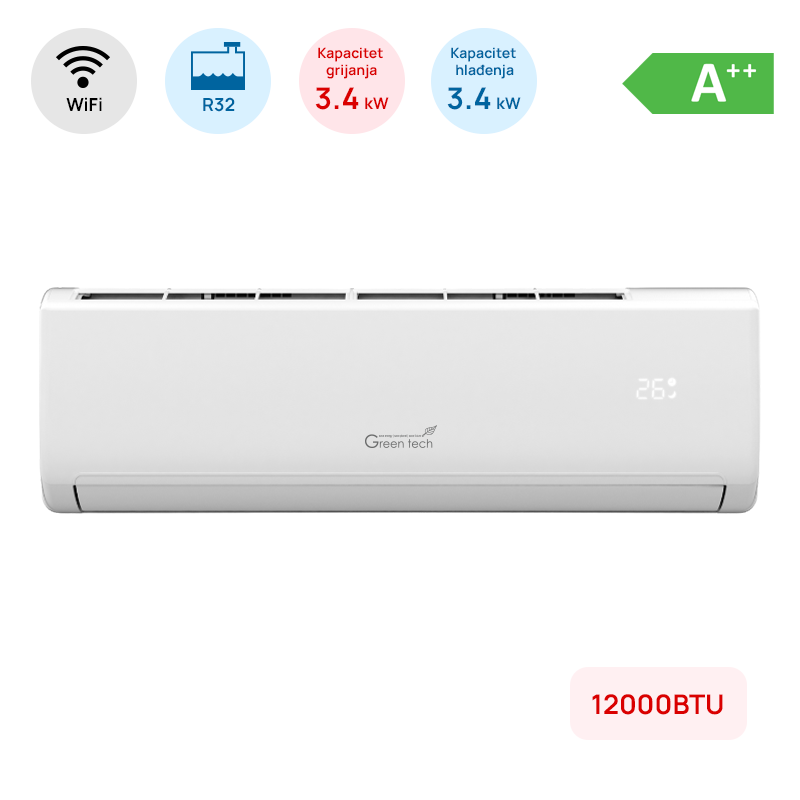 GREEN TECH Klima Green Tech 12000BTU, 3.4kW, A++, R32, -22°C ~ 53°C, s grijačem, WiFi, bij. - 12-IND2-WIFI