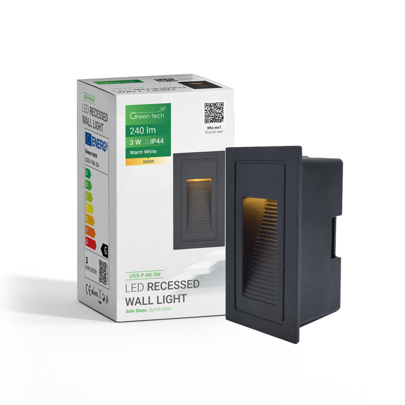 GREEN TECH LED ugradna zidna svjetiljka Green Tech 3W, 3000K IP44, crna - UGS-P-BK-3W