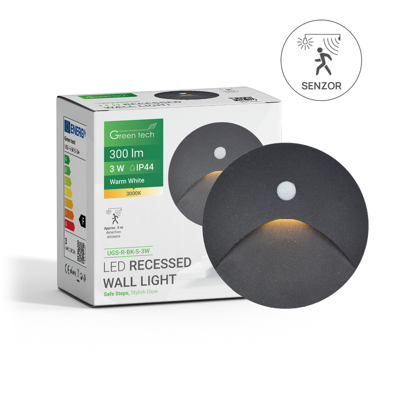 GREEN TECH LED ugradna zidna svjetiljka sa senzorom Green Tech 3W, 3000K IP44, crna - UGS-R-BK-S-3W