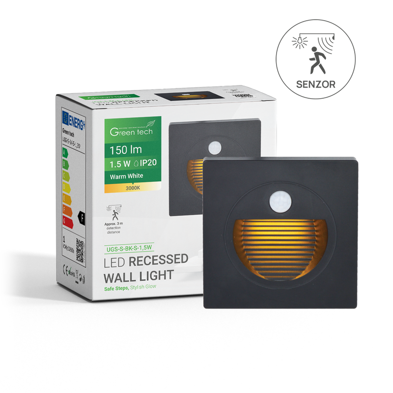 GREEN TECH LED ugradna zidna svjetiljka sa senzorom Green Tech 1,5W, 3000K IP20, crna - UGS-S-BK-S-1,5W