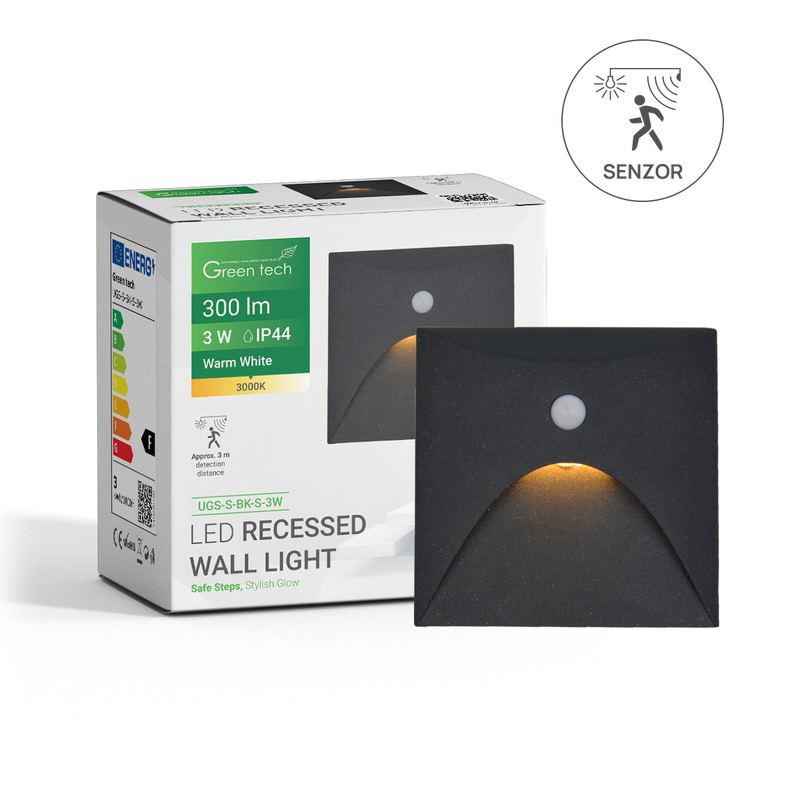 GREEN TECH LED ugradna zidna svjetiljka sa senzorom Green Tech 3W, 3000K IP44, crna - UGS-S-BK-S-3W