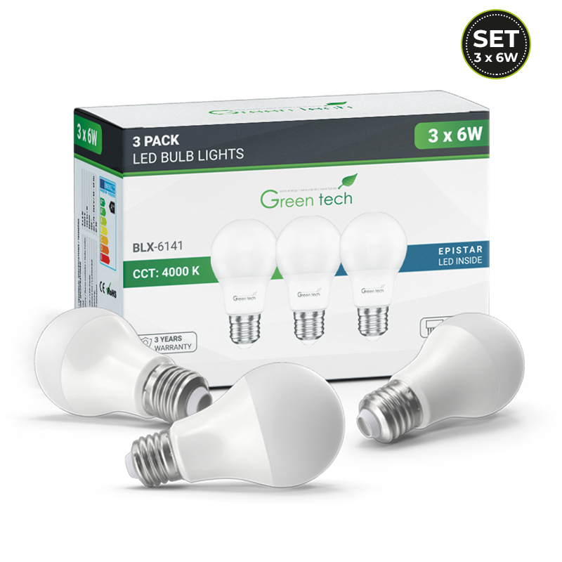 GREEN TECH LED žarulje 3/1 set Green Tech 6W, 4000K, E27, AC220V, Epistar LED, IP40, A60 - BLX-6141