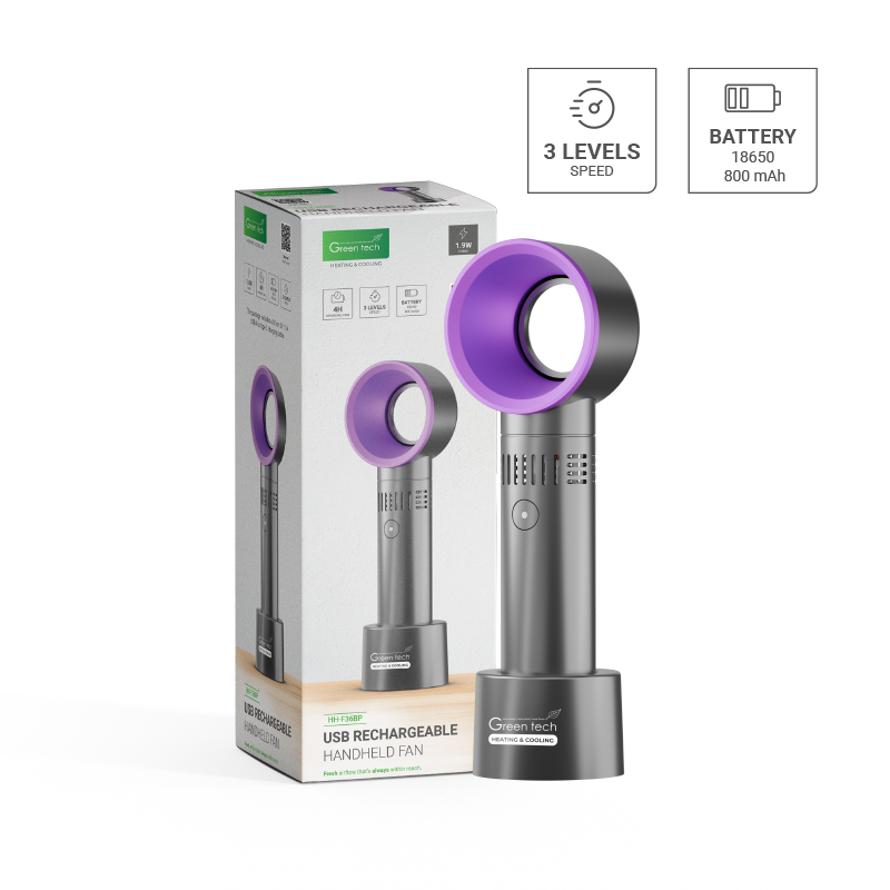 GREEN TECH Prijenosni ventilator Green Tech, 1.9W, crni + ljubičasti, sa USB punjenjem - HH-F36BP
