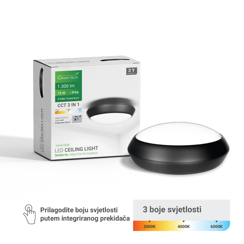 GREEN TECH LED plafonjera Green Tech 15W, 3CCT, 30 cm, IP66, crna - CLW-022-15W-BK
