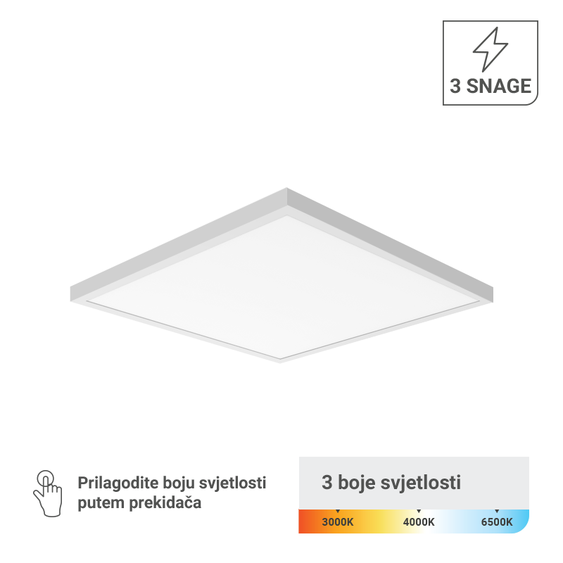 GREEN TECH LED panel NADGRADNI Green Tech 600 x 600 x 38 mm, 48W, 3 CCT, 3 SNAGE, 127lm/W - PLX-SF-6060-48W
