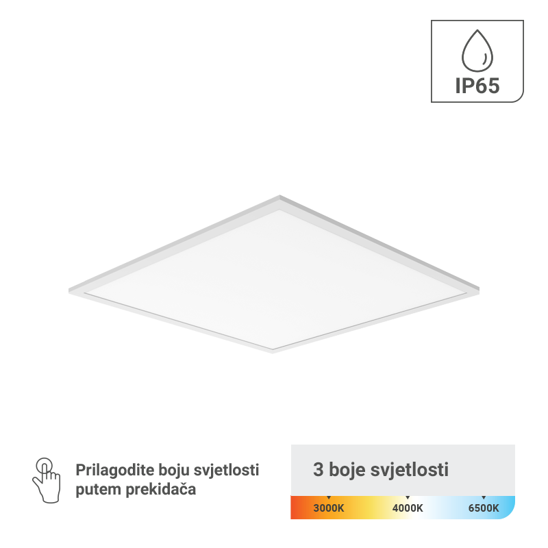 GREEN TECH LED panel Green Tech 595 x 595 x 30 mm, 48W, 3 CCT, 127lm/W, IP65 - PLX6060IP65-48W