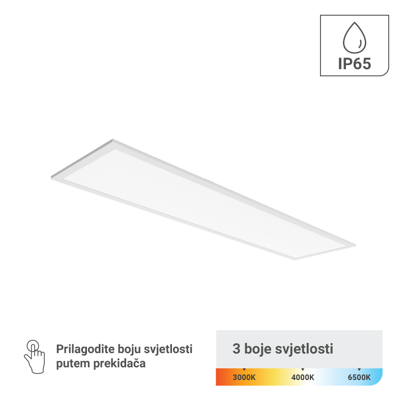 GREEN TECH LED panel Green Tech 295 x 1195 x 30 mm, 48W, 3 CCT, 127lm/W, IP65 - PLX30120IP65-48W