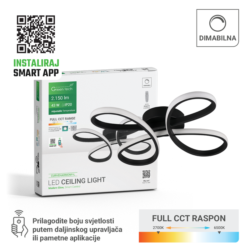 GREEN TECH Smart stropna dekorativna svjetiljka Green Tech 43W, 3CCT, dim, APP + daljinski - CURVEHARMONY-L