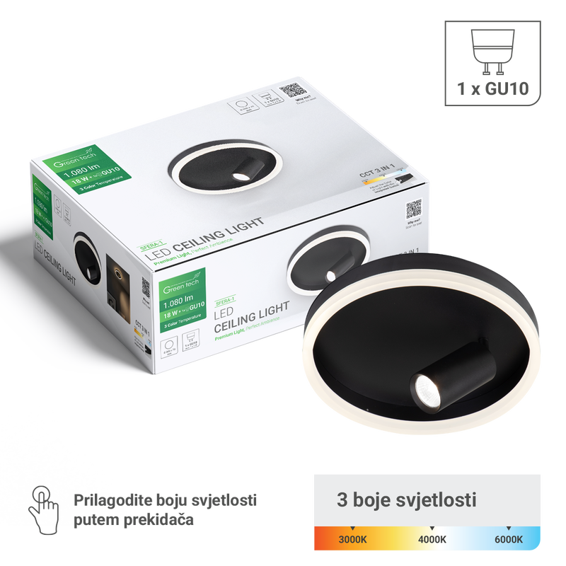 GREEN TECH Stropna dekorativna svjetiljka Green Tech 18W, 3CCT + 1 x SPOT GU10 - SFERA-1