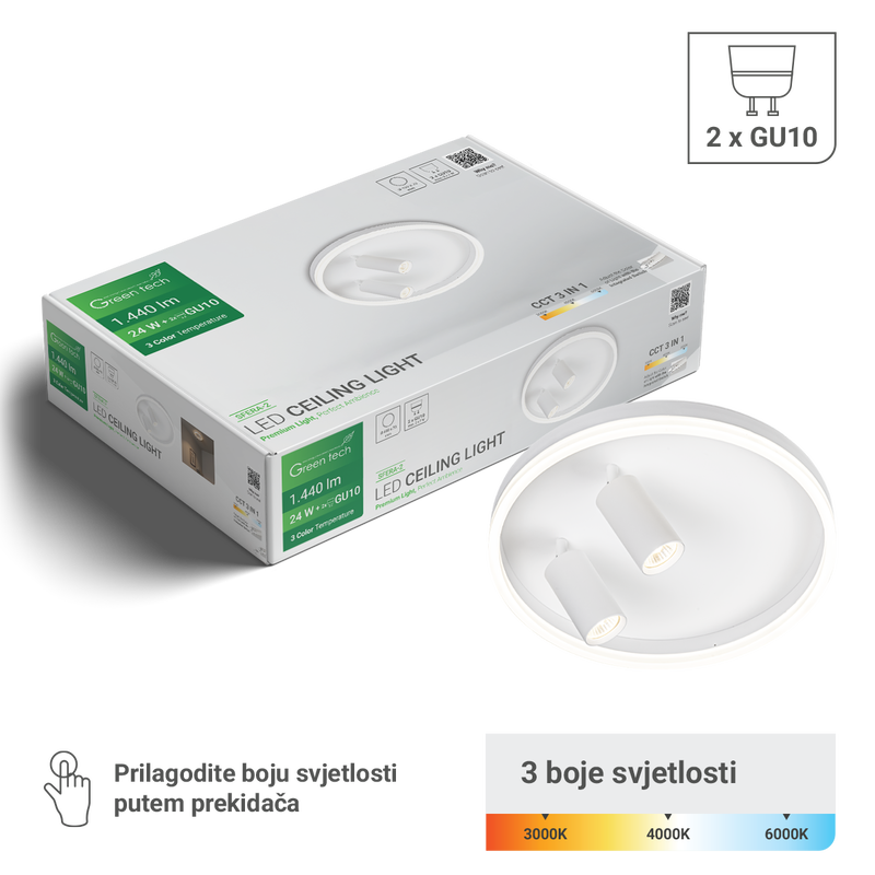 GREEN TECH Stropna dekorativna svjetiljka Green Tech 24W, 3CCT + 2 x SPOT GU10 - SFERA-2