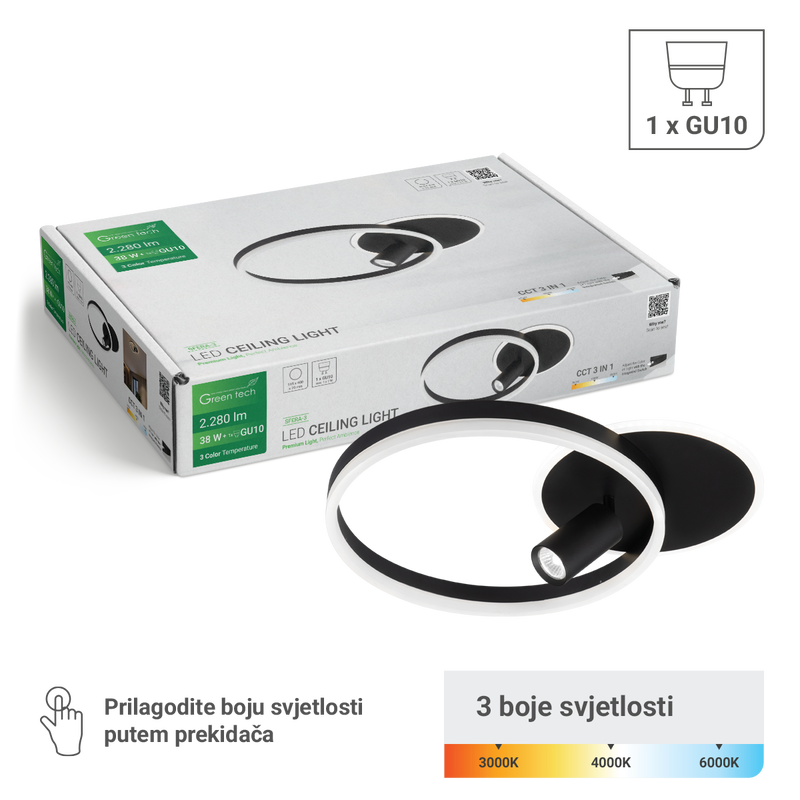 GREEN TECH Stropna dekorativna svjetiljka Green Tech 38W, 3CCT + 1 x SPOT GU10 - SFERA-3
