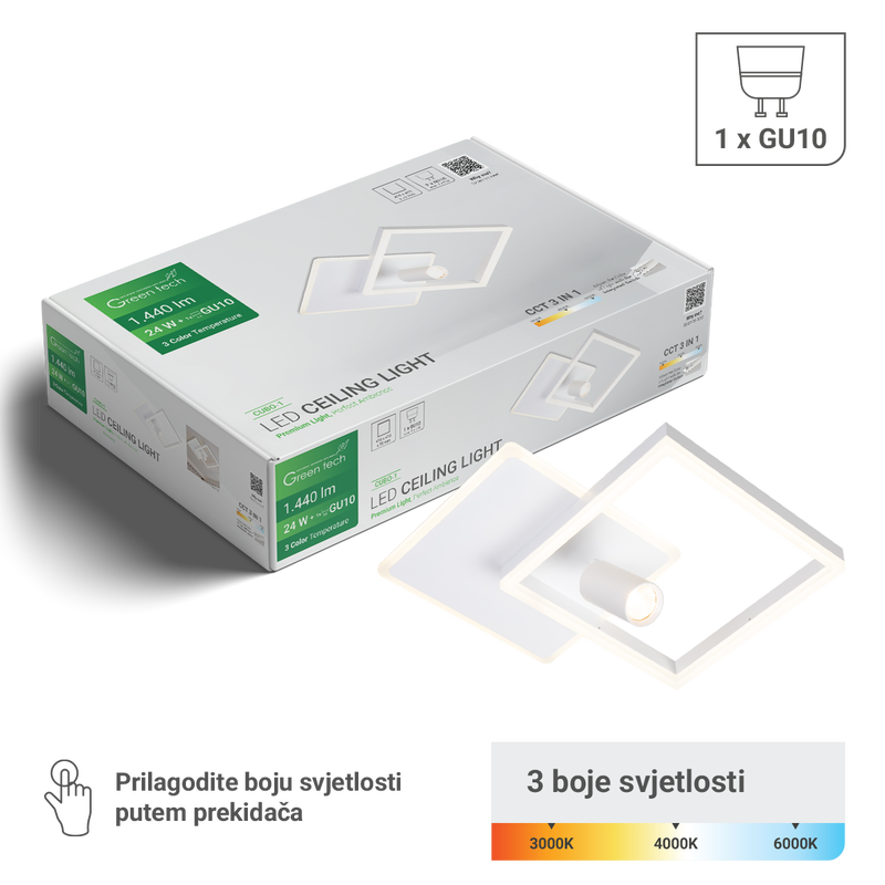 GREEN TECH Stropna dekorativna svjetiljka Green Tech 24W, 3CCT + 1 x SPOT GU10 - CUBO-1
