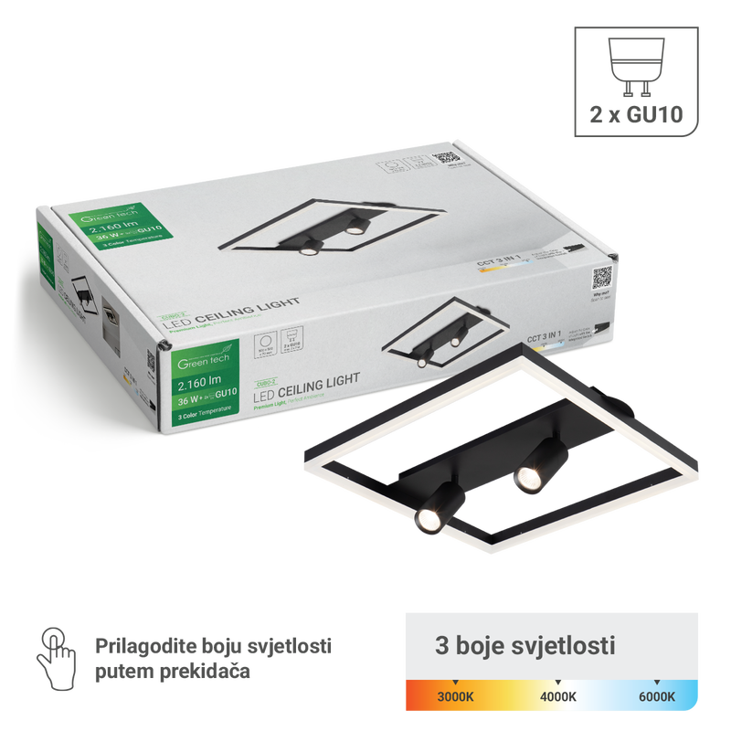 GREEN TECH Stropna dekorativna svjetiljka Green Tech 36W, 3CCT + 2 x SPOT GU10 - CUBO-2