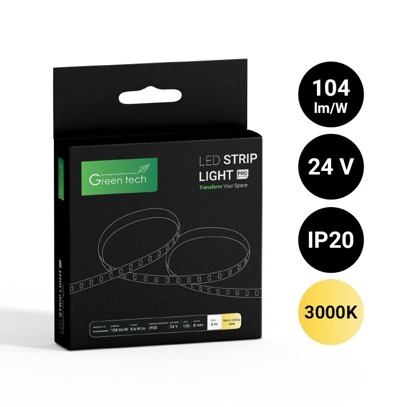GREEN TECH LED traka Green Tech 120 LED, 8 mm, 9,6 W/m, 3000K, DC 24V, IP20, 5m/kom - ES120243000IP20