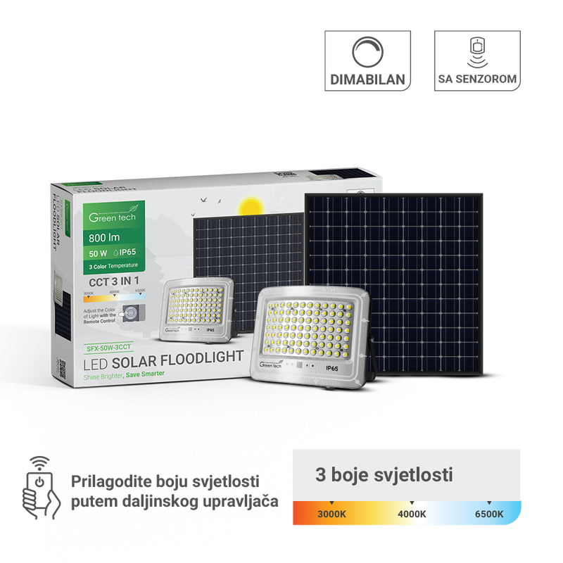 GREEN TECH LED solarni reflektor Green Tech 50W, 3CCT, IP65 - SFX-50W-3CCT